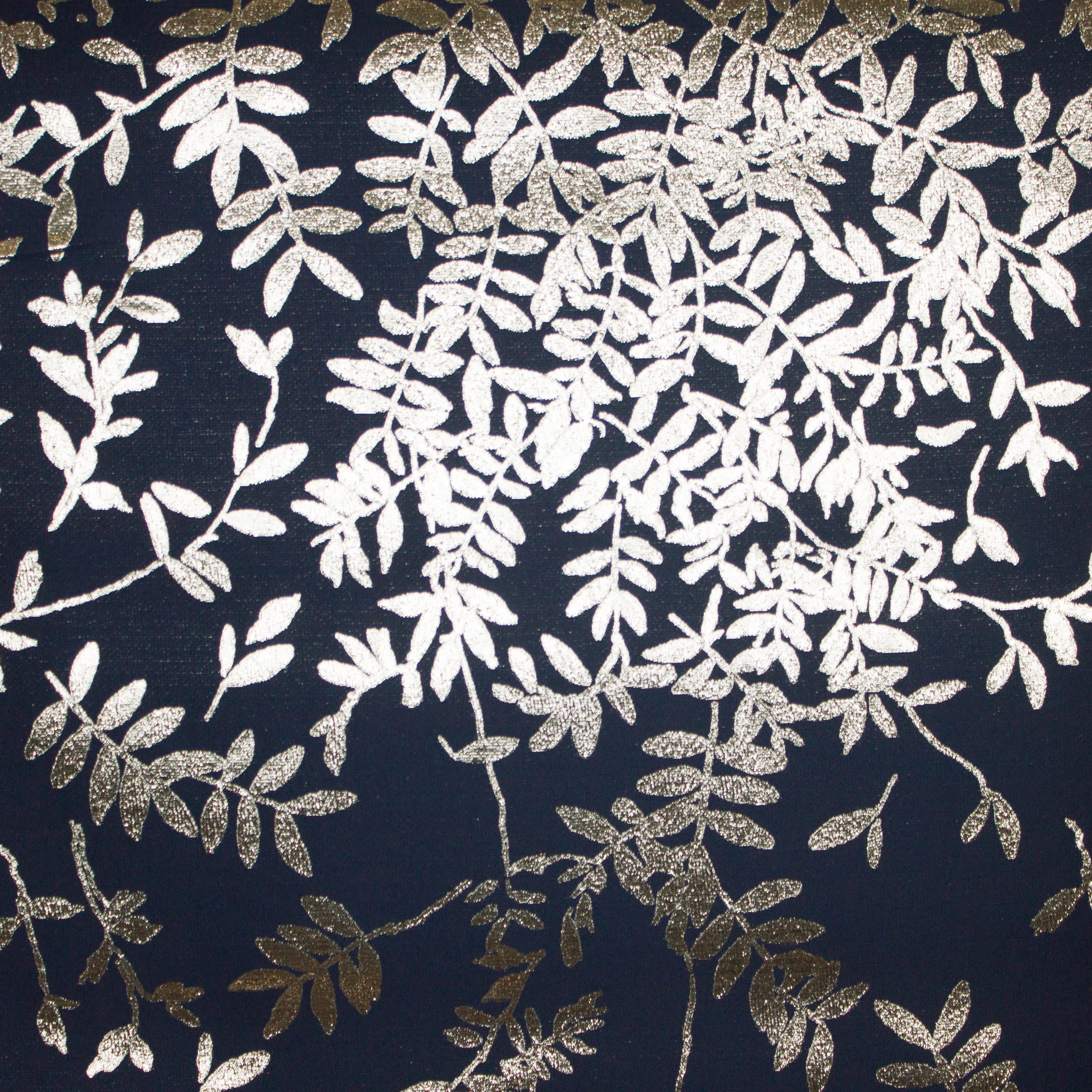 Paneel jacquard blauw met zilveren blaadjes